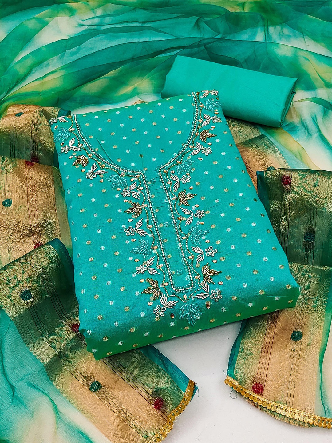 

KIMISHA Ethnic Motifs Embellished Beads and Stones Unstitched Dress Material, Turquoise blue