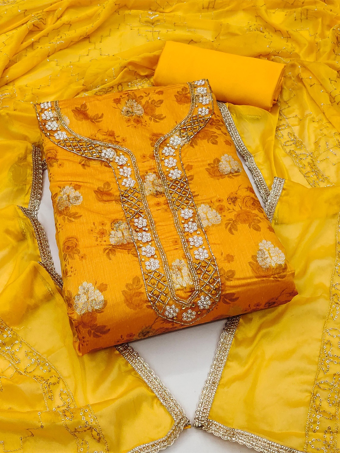 

KIMISHA Embellished Unstitched Dress Material, Yellow