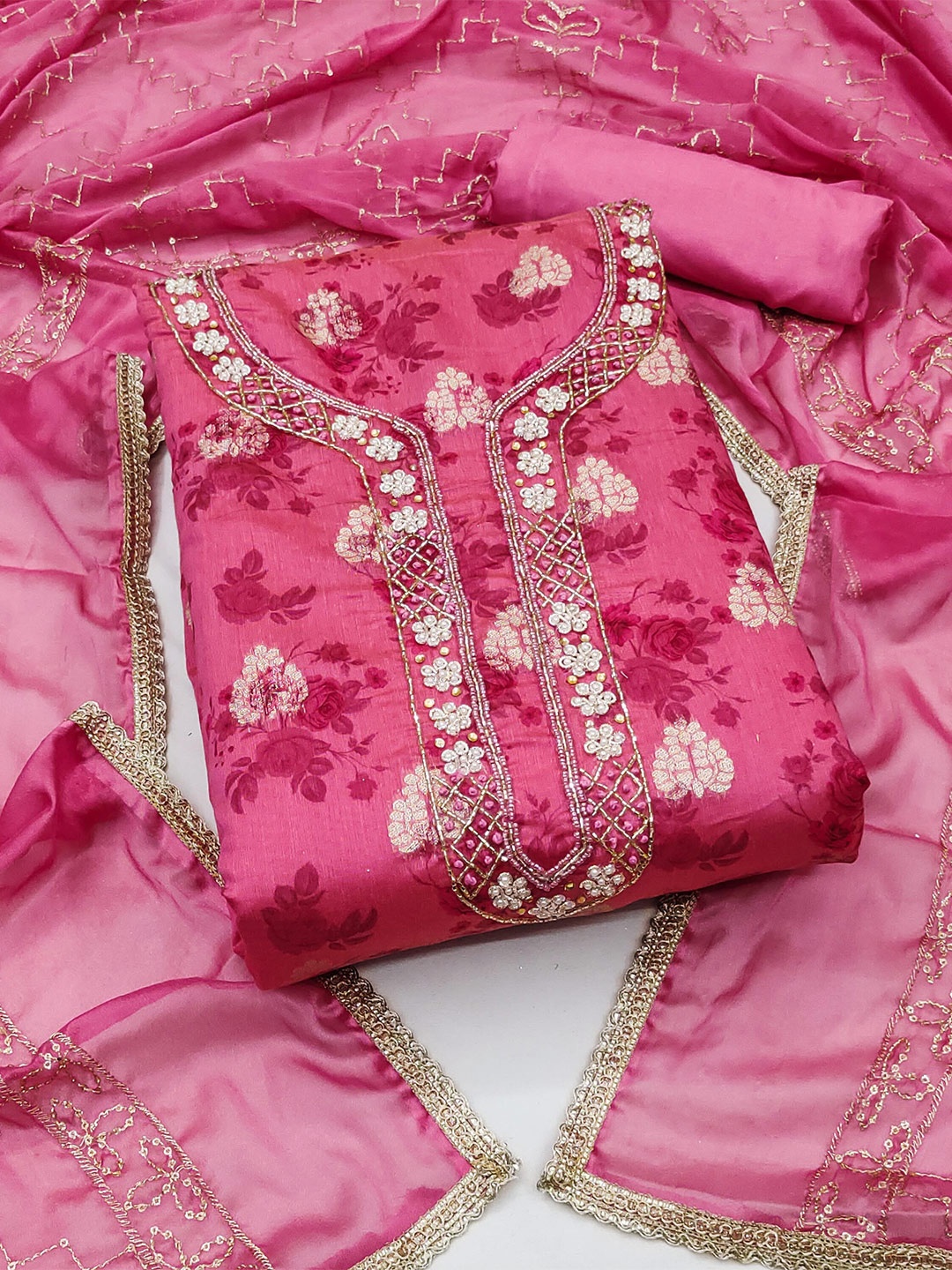 

KIMISHA Floral Beads and Stones Embellished Unstitched Dress Material, Pink