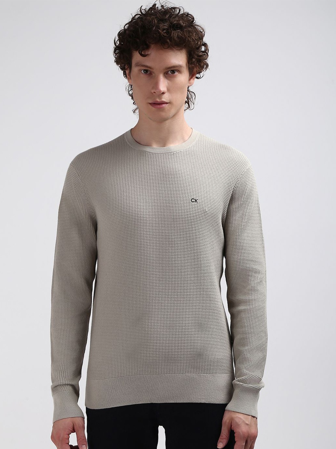 

Calvin Klein Jeans Self Design Round Neck Long Sleeves Pure Cotton Pullover Sweater, Beige