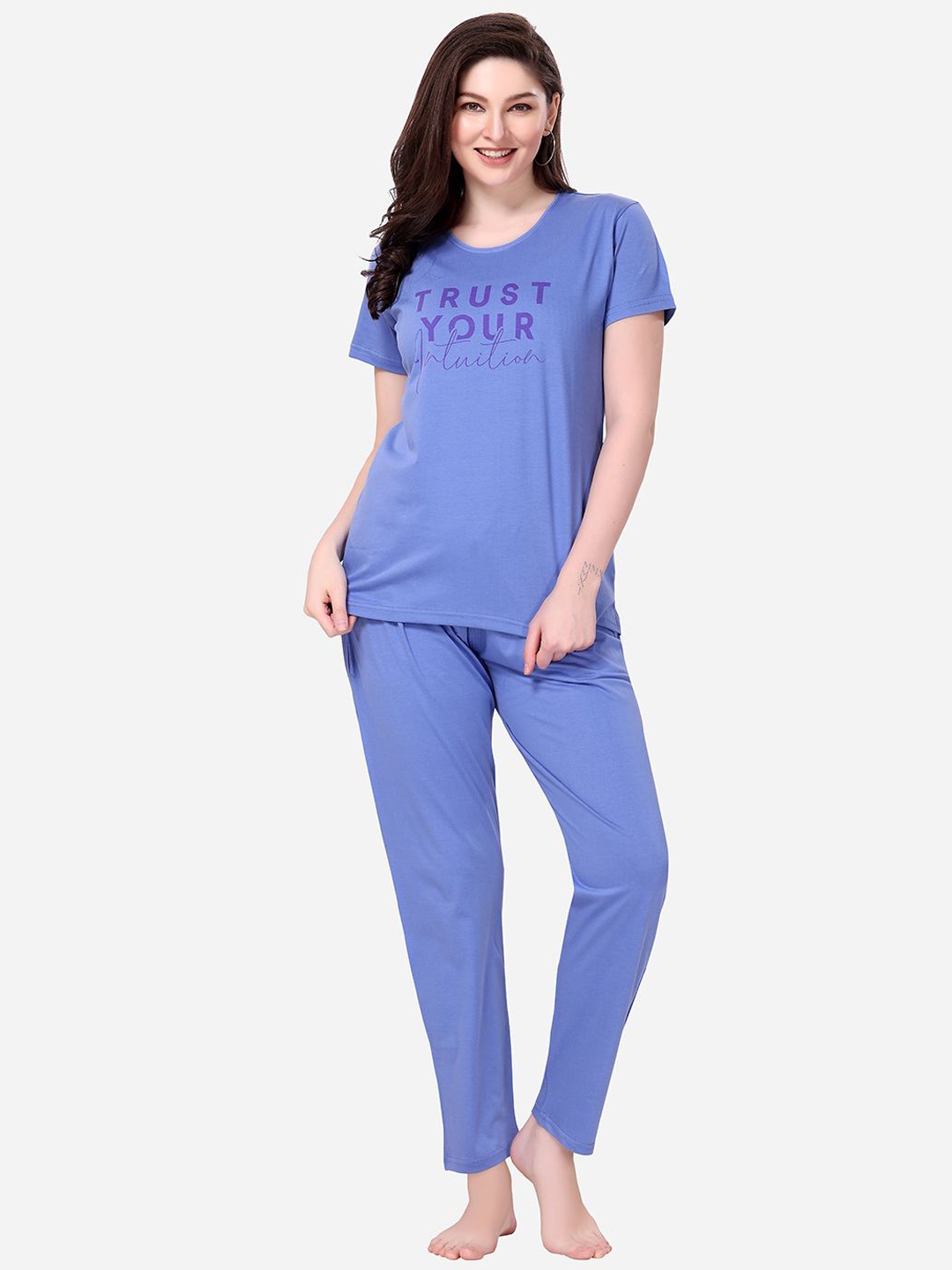 

Lenissa Women Solid Typography Printed Night suit, Blue