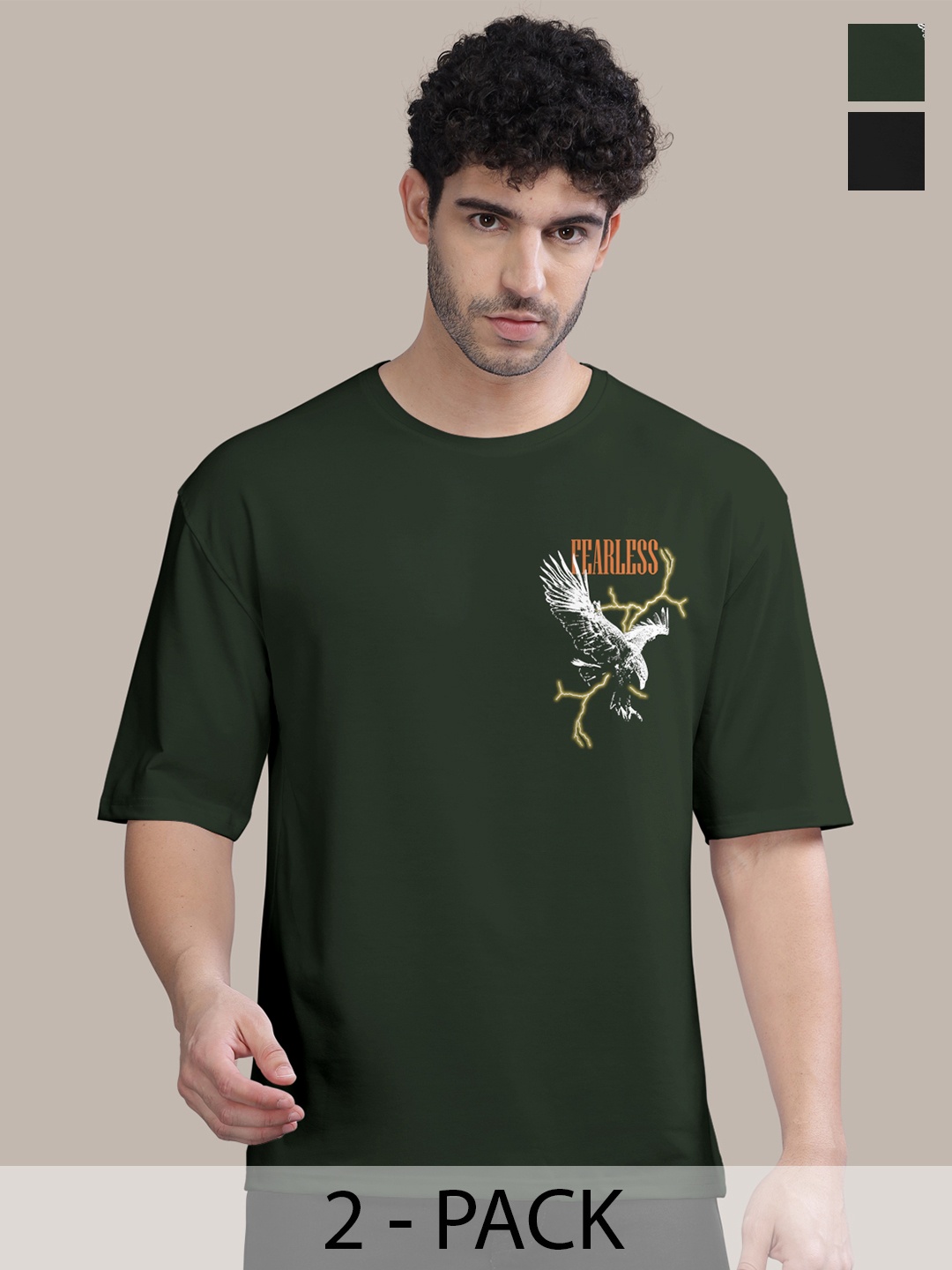 BULLMER Men Pack Of 2 Round Neck Printed Oversized T-shirts, Olive