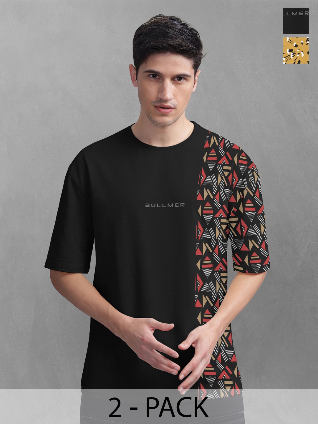 

BULLMER Men Pack Of 2 Round Neck Printed Oversized T-shirts, Black