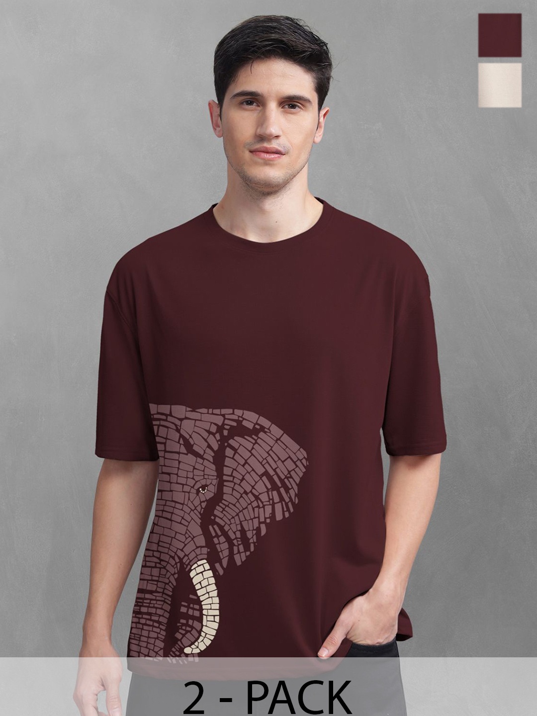 

BULLMER Men Pack Of 2 Round Neck Printed Oversized T-shirts, Maroon