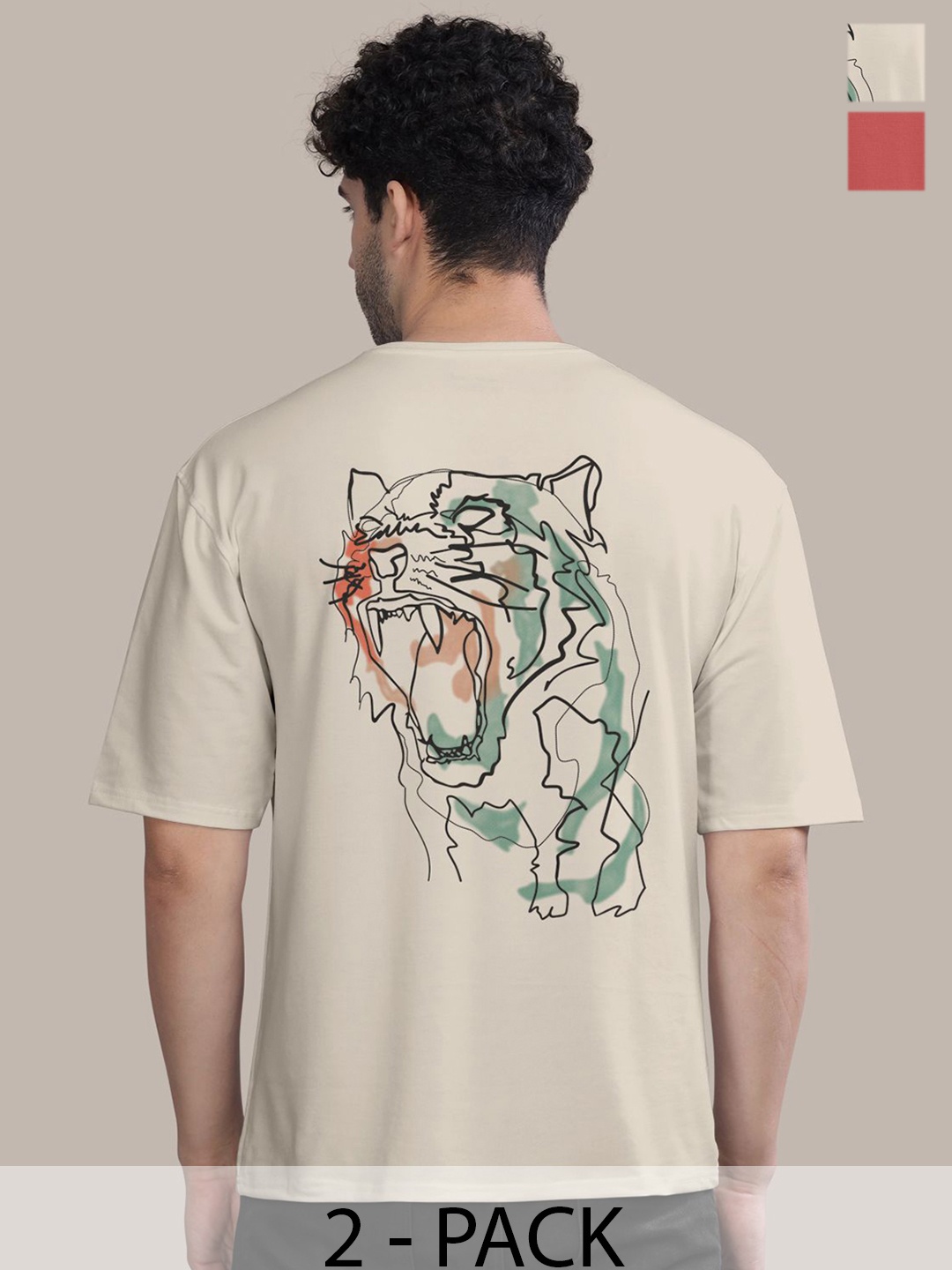 

BULLMER Men Pack Of 2 Round Neck Printed Oversized T-shirts, Off white
