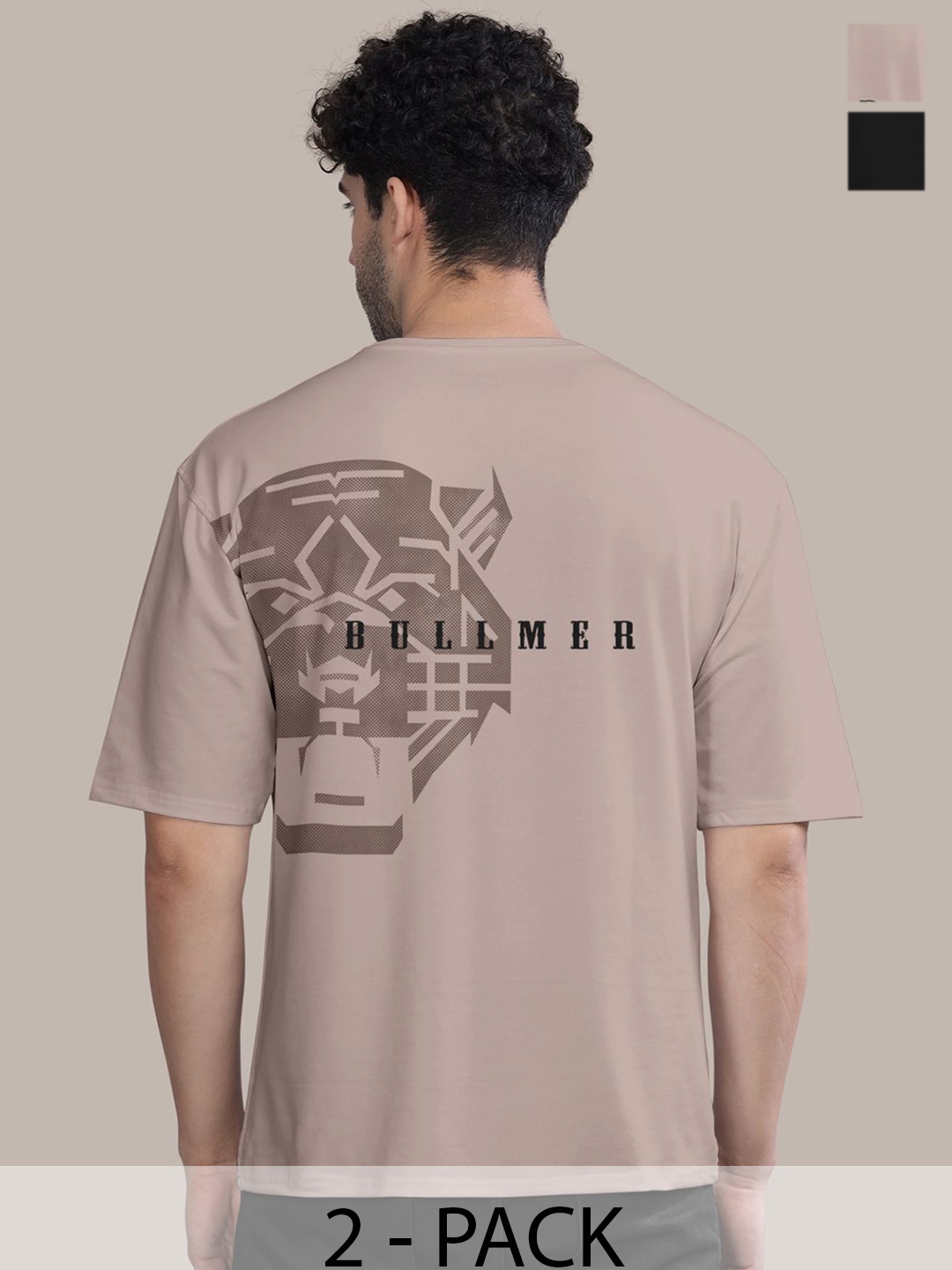 

BULLMER Men Pack Of 2 Round Neck Printed Oversized T-shirts, Grey