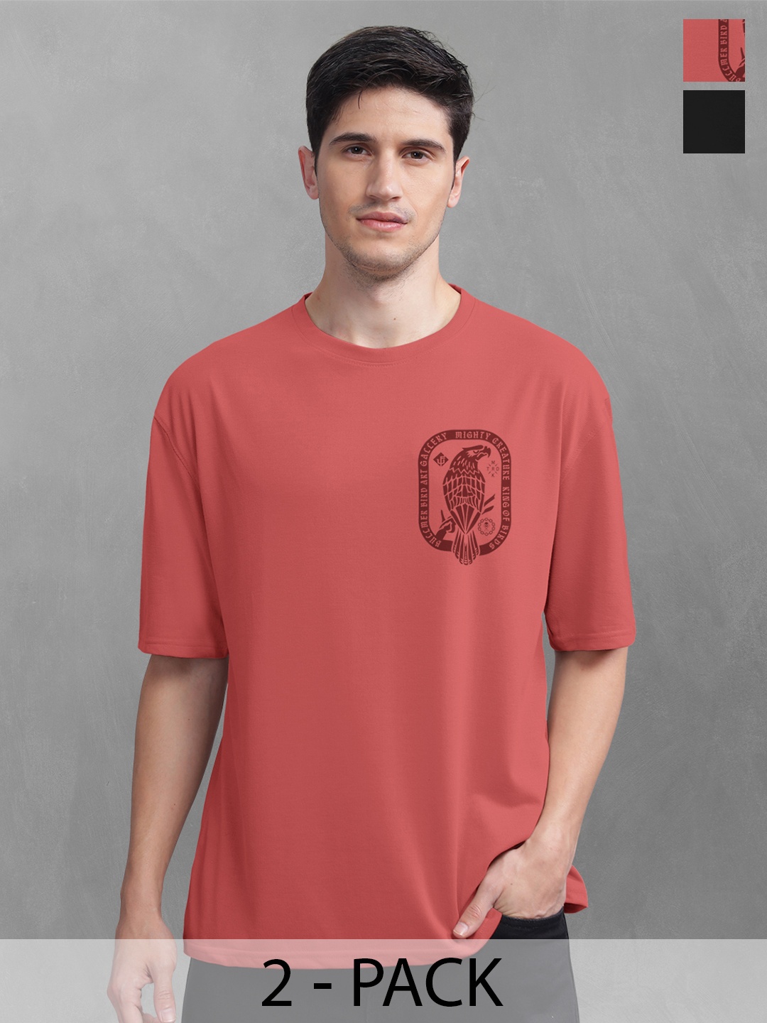 

BULLMER Men Pack Of 2 Round Neck Printed Oversized T-shirts, Pink
