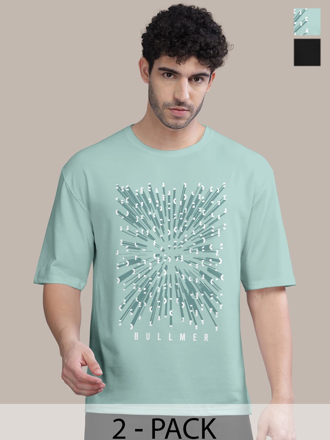 

BULLMER Men Pack Of 2 Round Neck Printed Oversized T-shirts, Blue