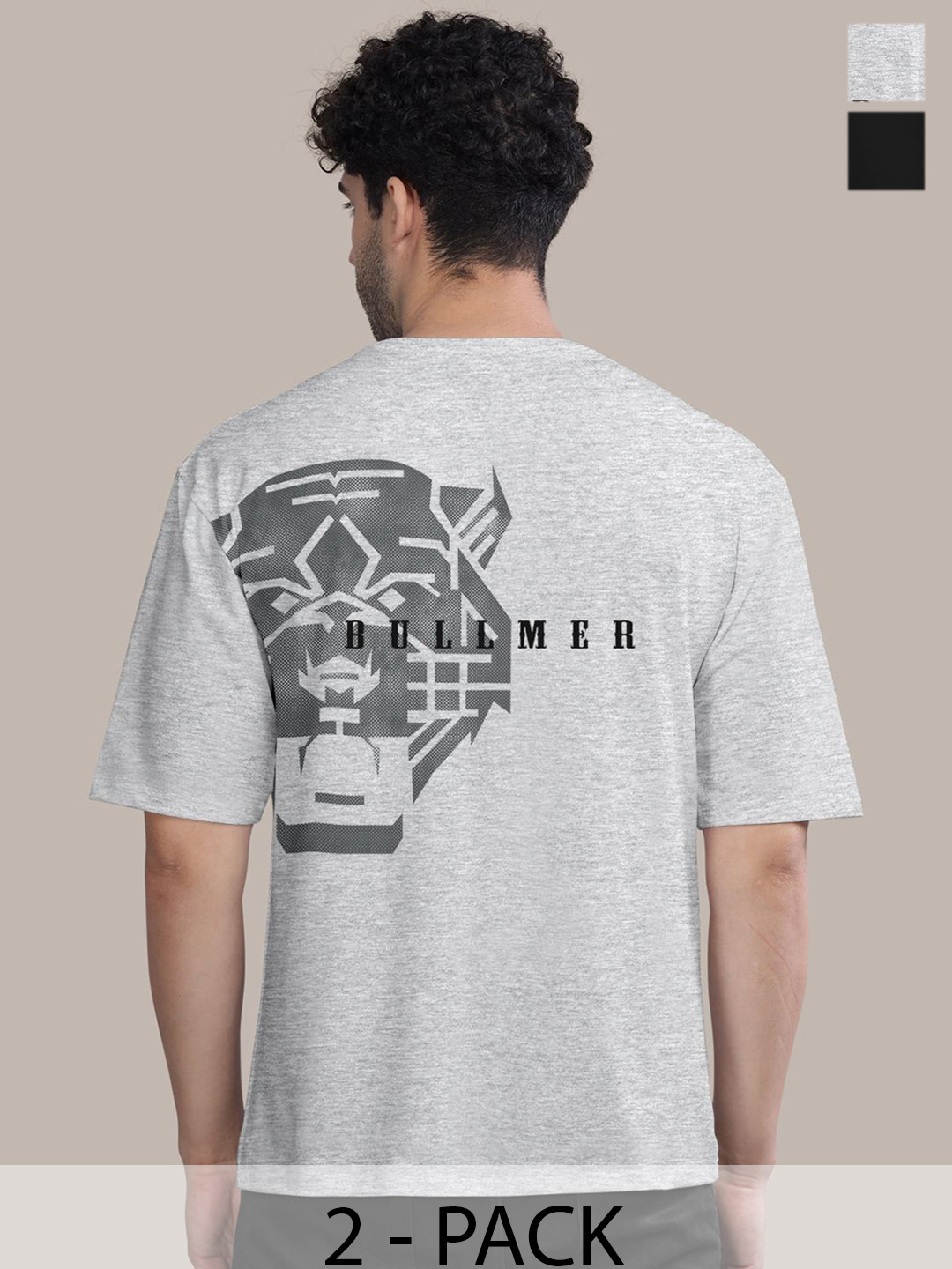 

BULLMER Men Pack Of 2 Round Neck Graphic Printed Oversized T-shirts, Grey