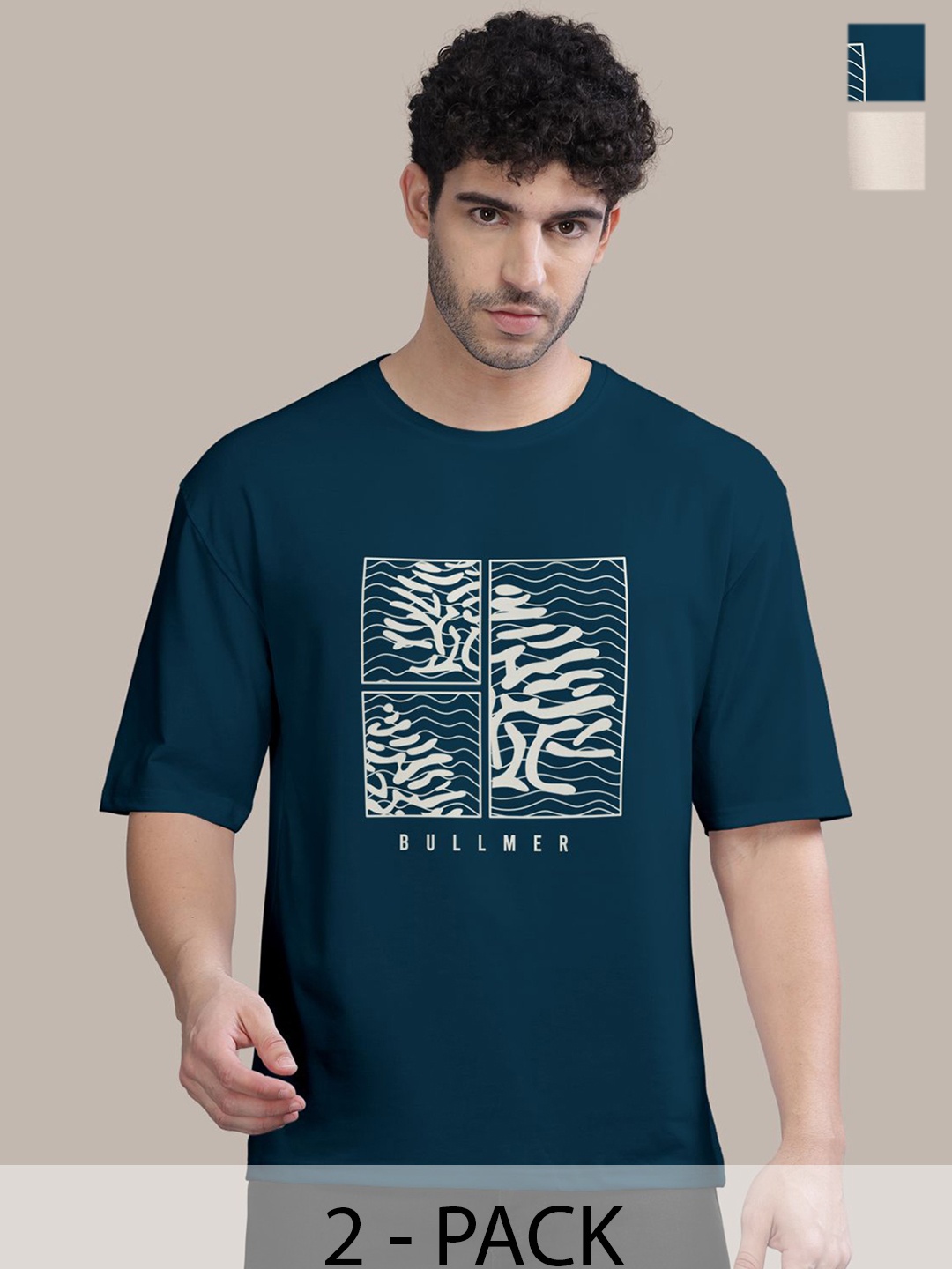 

BULLMER Men Pack Of 2 Round Neck Printed Oversized T-shirts, Navy blue
