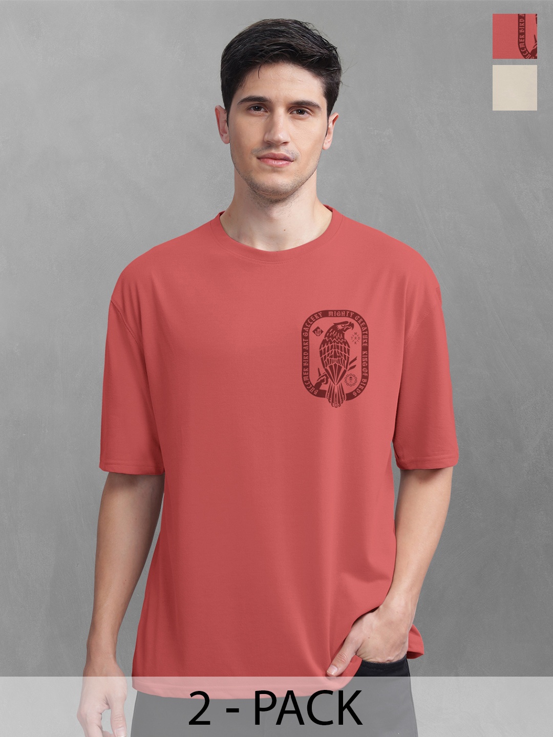 

BULLMER Men Pack Of 2 Round Neck Printed Oversized T-shirts, Peach