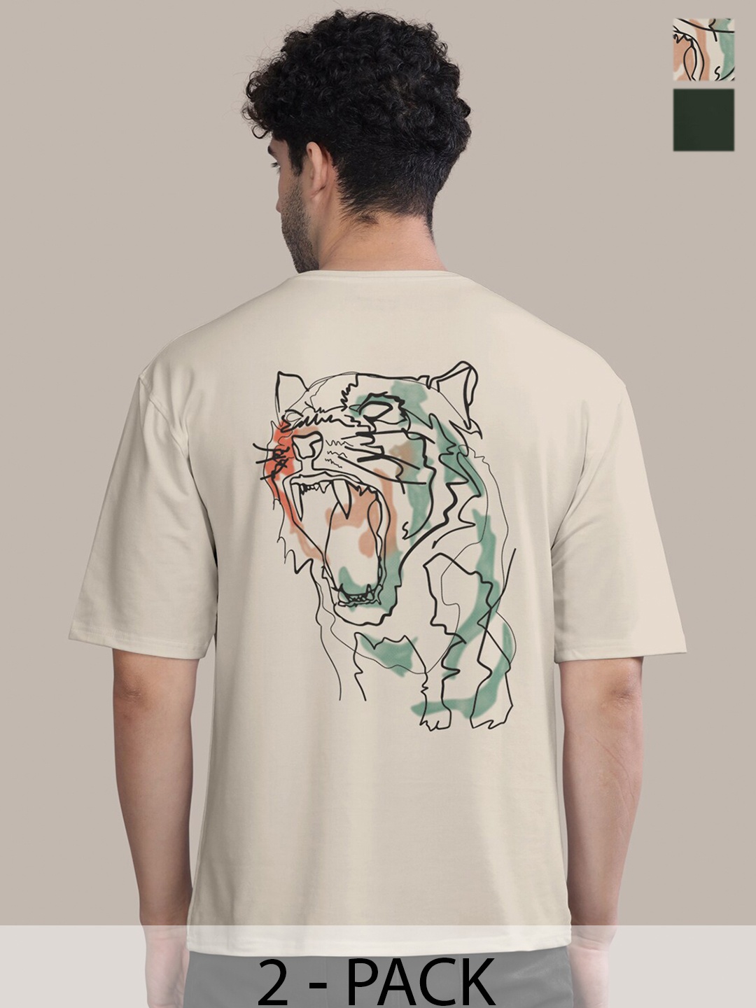 

BULLMER Men Pack Of 2 Round Neck Oversized Animal Printed T-shirts, Green