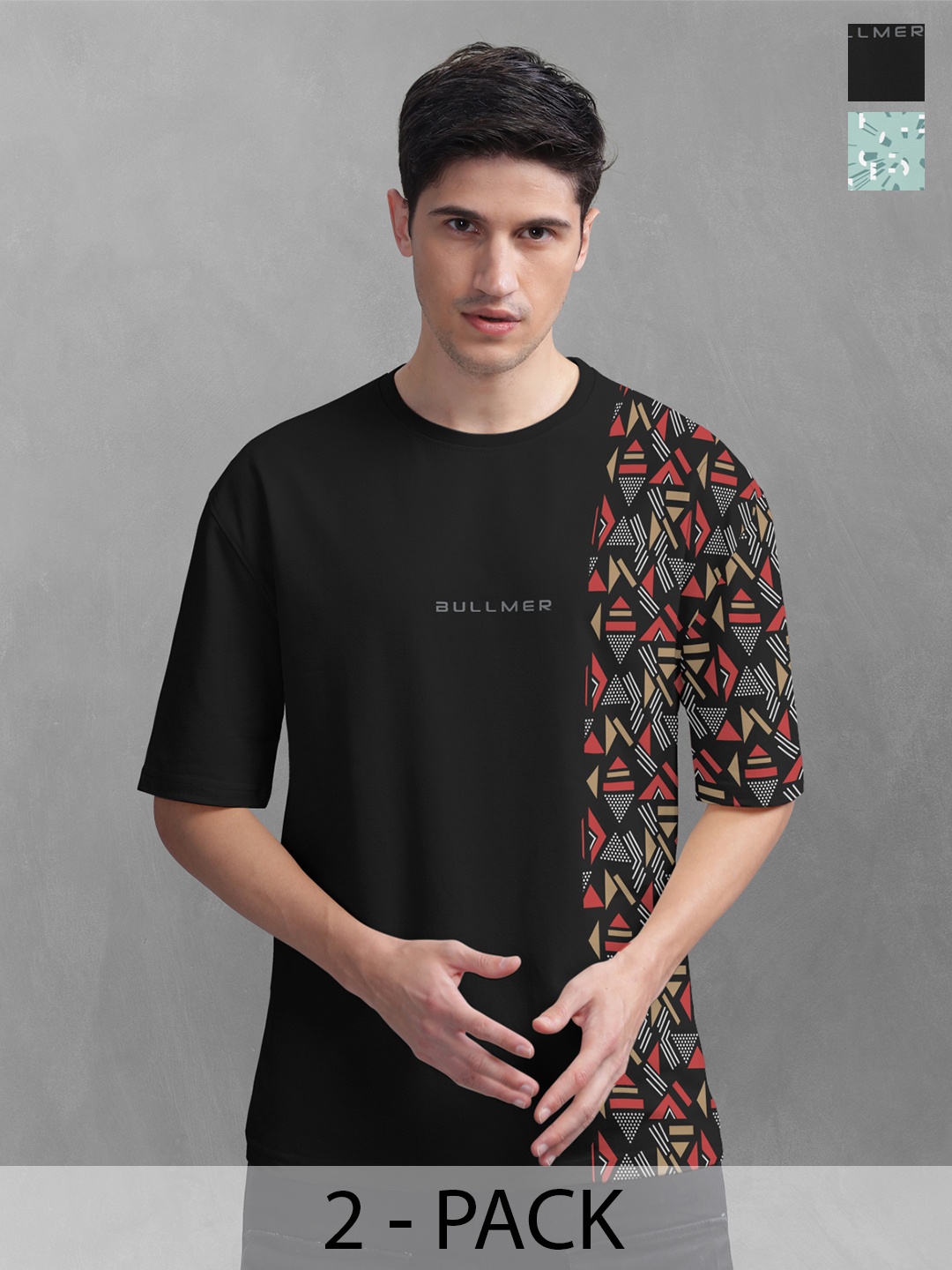 

BULLMER Men Pack Of 2 Round Neck Printed Oversized T-shirts, Blue