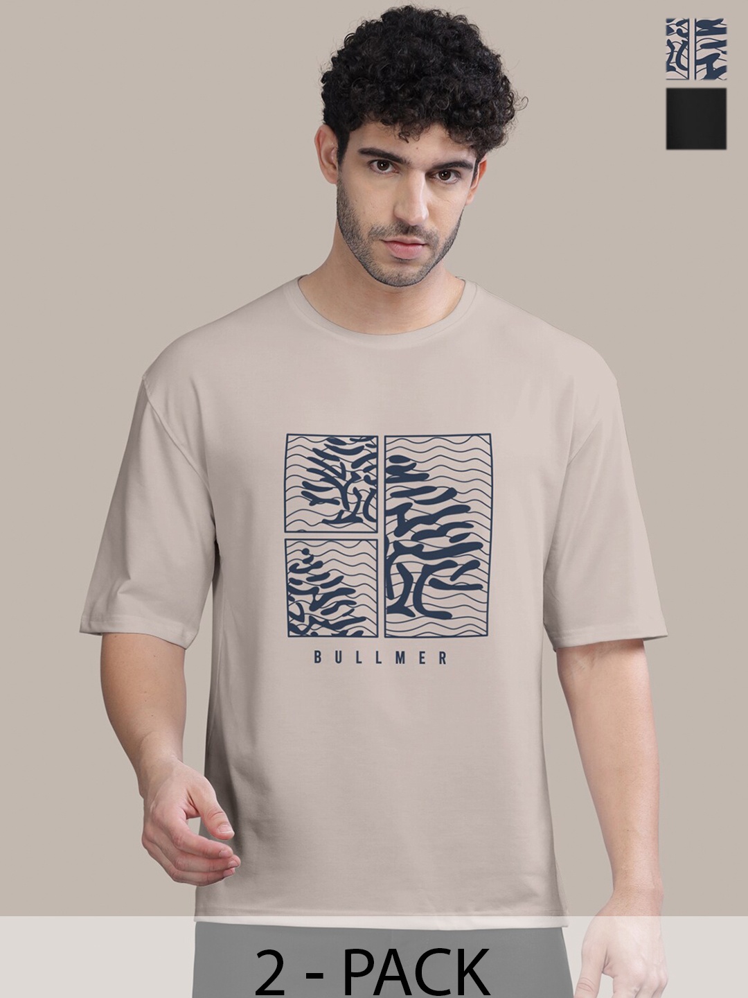 BULLMER Men Pack Of 2 Round Neck Printed Oversized T-shirts, Off white