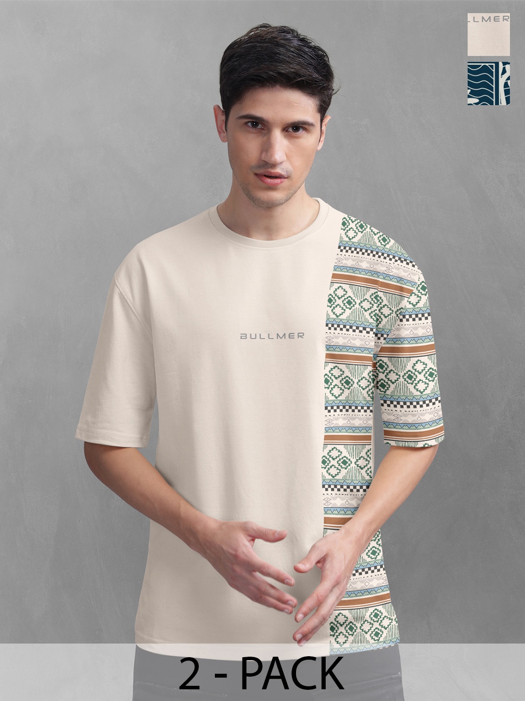 

BULLMER Men Pack Of 2 Round Neck Printed Oversized T-shirts, White