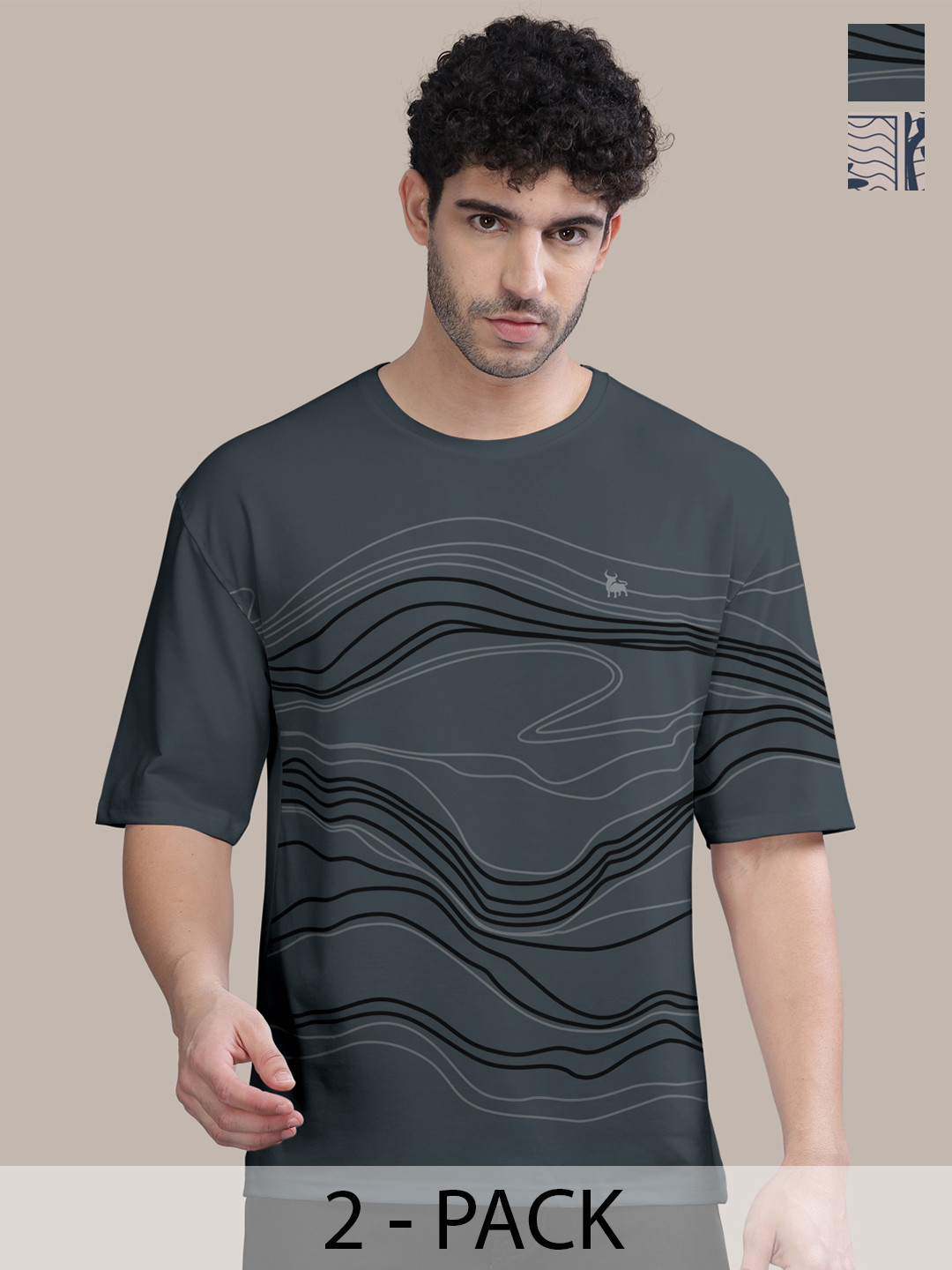 

BULLMER Men Pack Of 2 Round Neck Printed Oversized T-shirts, Grey