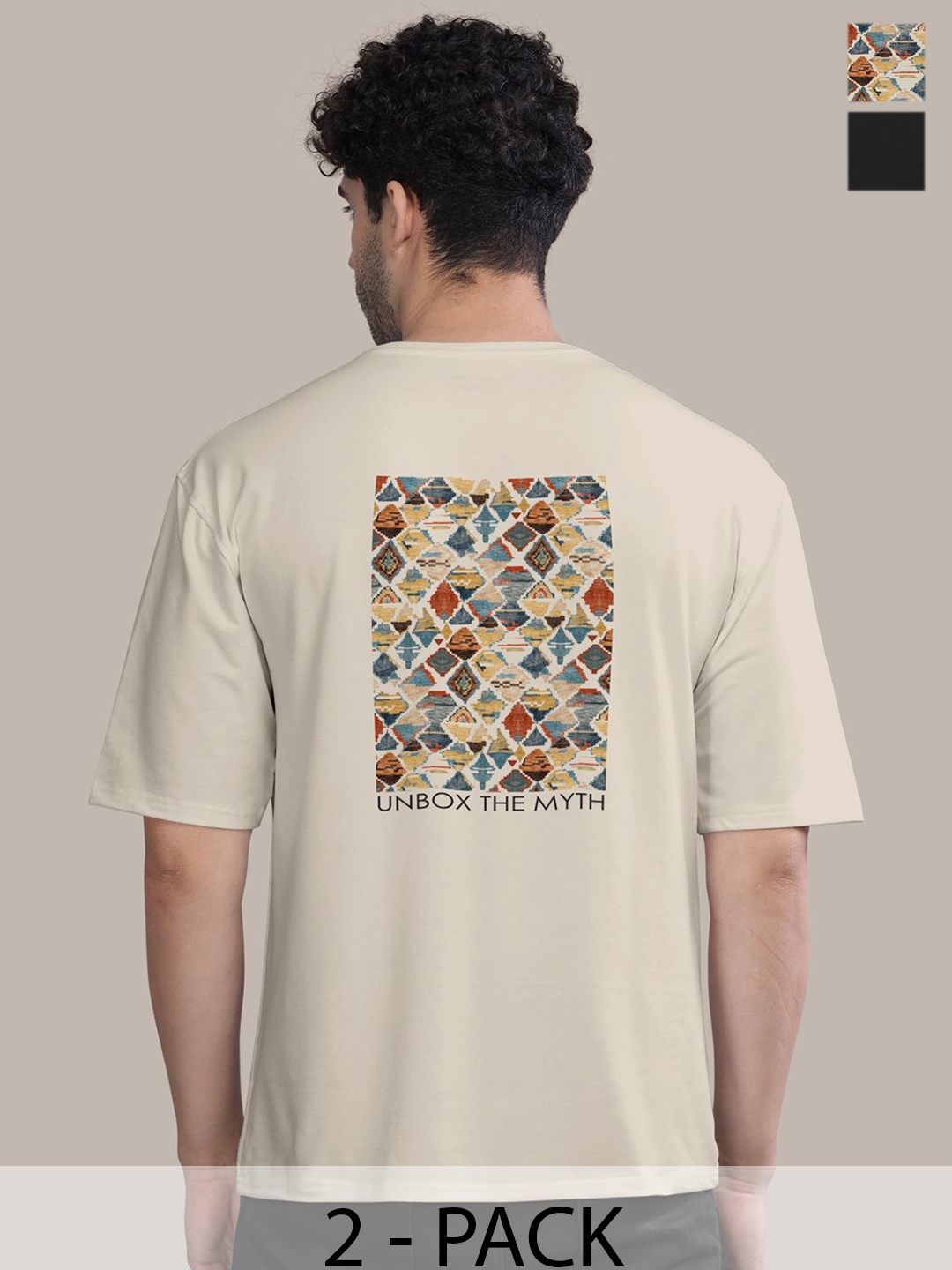 

BULLMER Men Pack Of 2 Round Neck Printed Oversized T-shirts, Off white