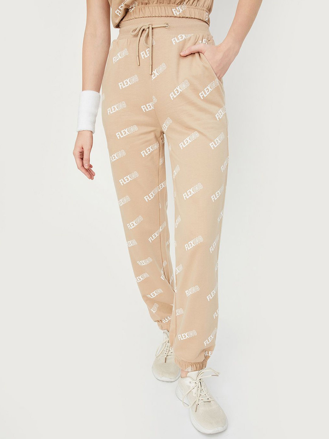 

max Women Printed Pure Cotton Joggers, Beige