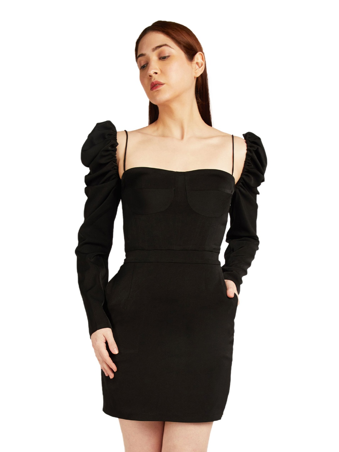 

EMBLAZE Puff Sleeves Bodycon Mini Dress, Black