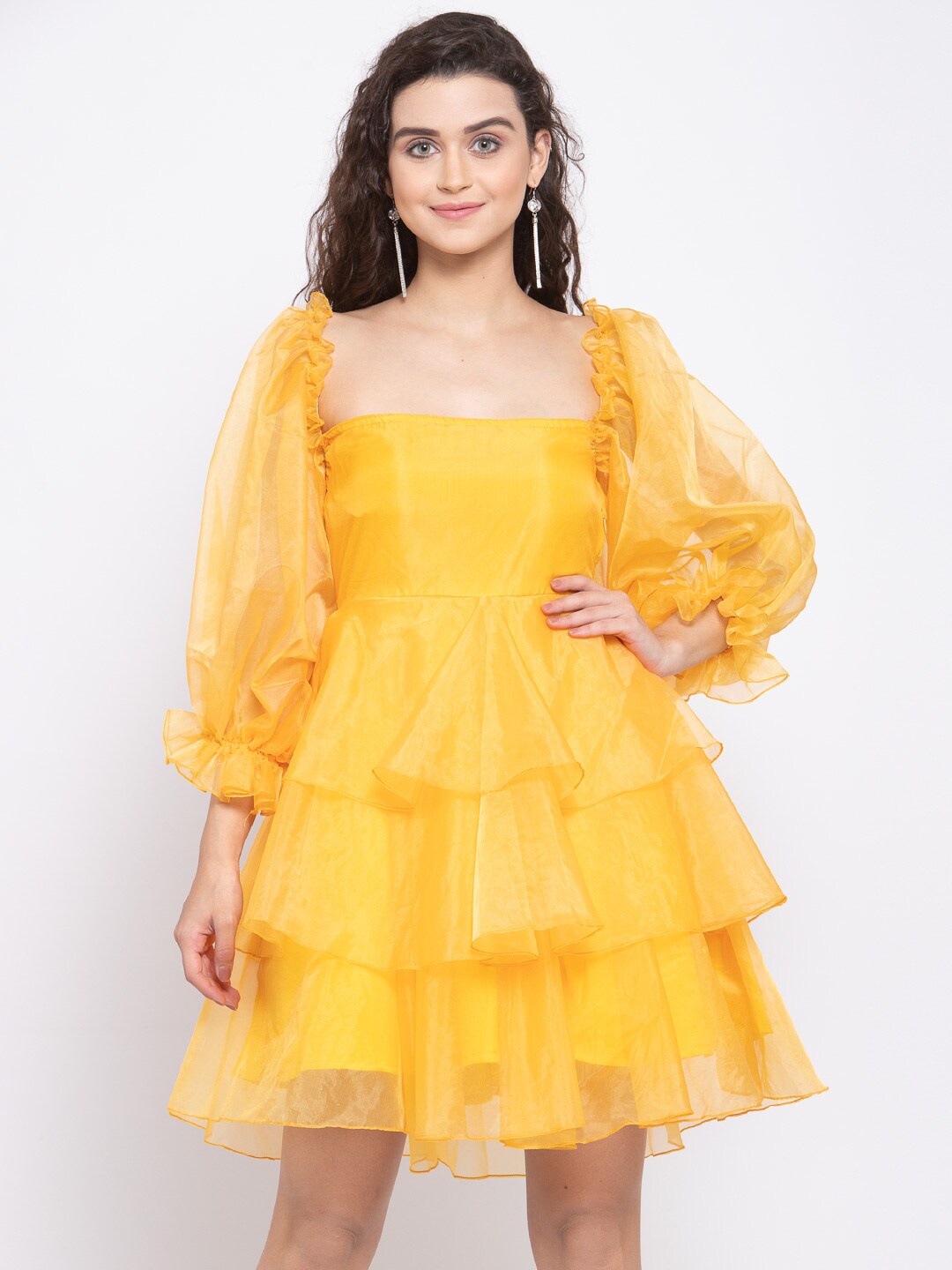 

EMBLAZE Square Neck Puff Sleeves Layered Fit & Flare Dress, Yellow