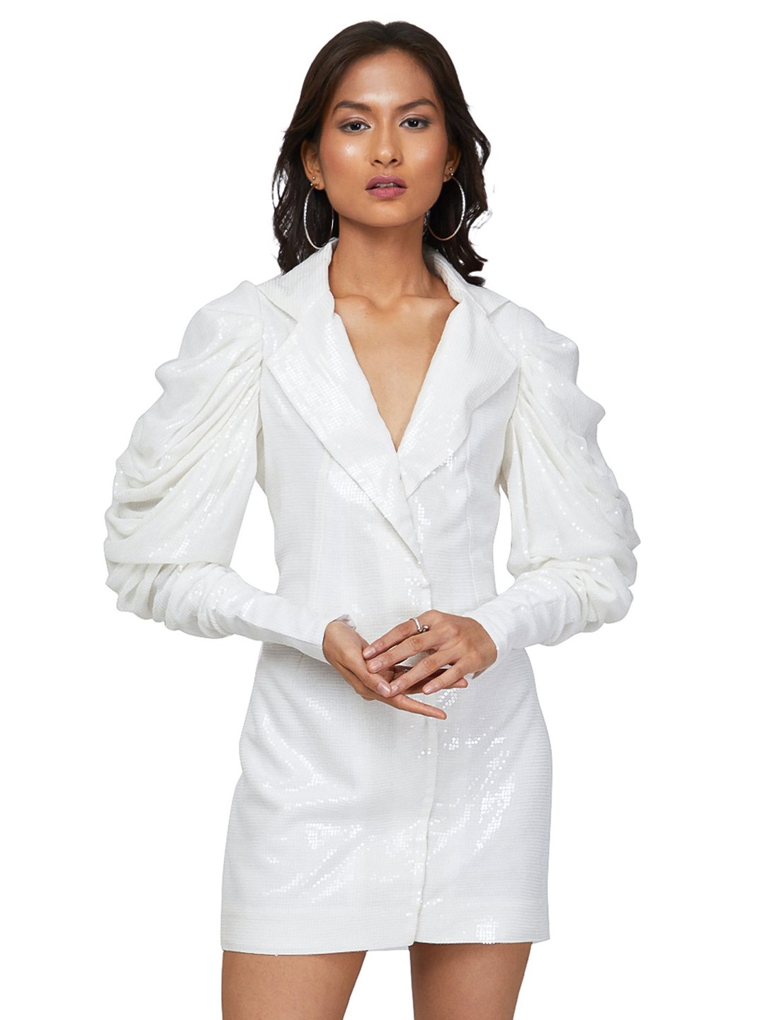 

EMBLAZE Embellished Lapel Collar Wrap Dress, White