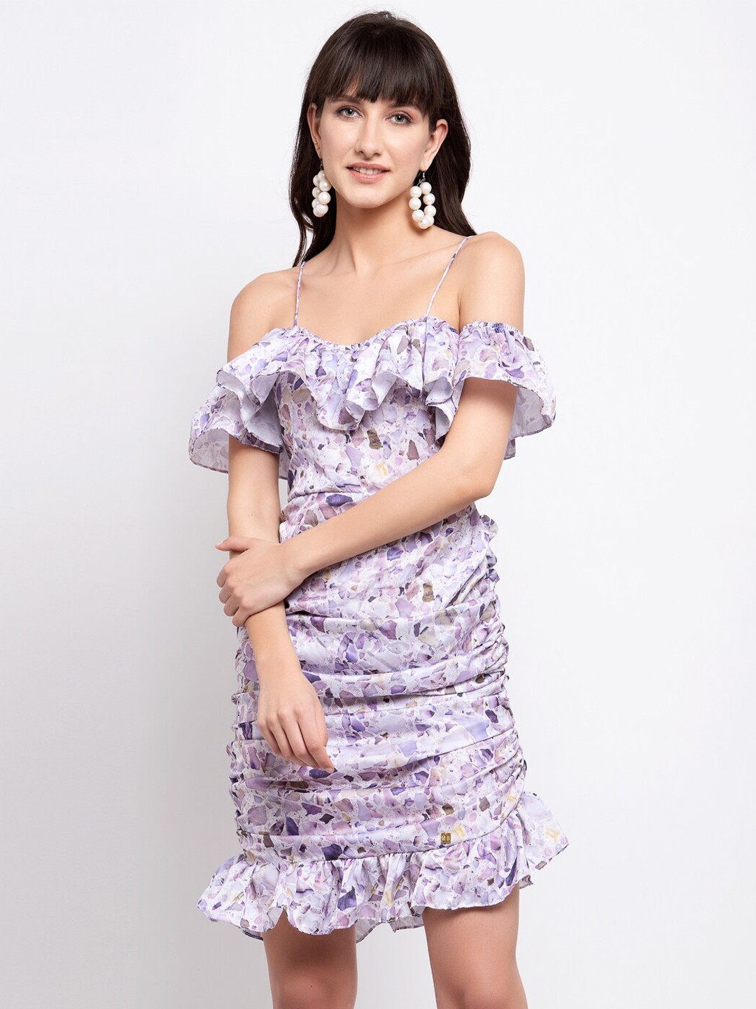 

EMBLAZE Printed Cold-Shoulder Sleeves Gathered or Pleated Bodycon Dress, Purple