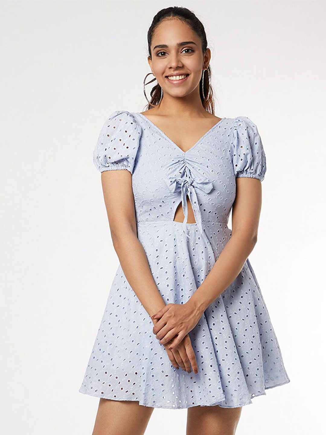 

EMBLAZE Self Design Schiffli Cotton Puff Sleeve Fit & Flare Dress, Blue