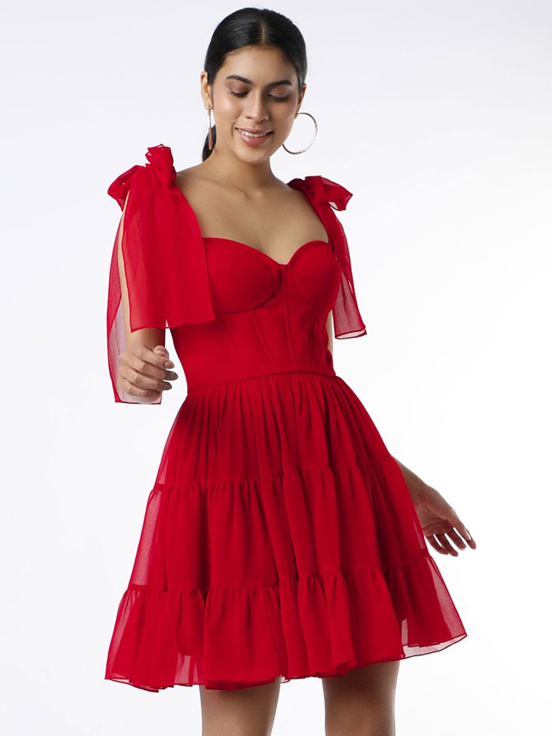 

EMBLAZE Sweetheart Neck Tie-Ups Georgette Fit & Flare Dress, Red