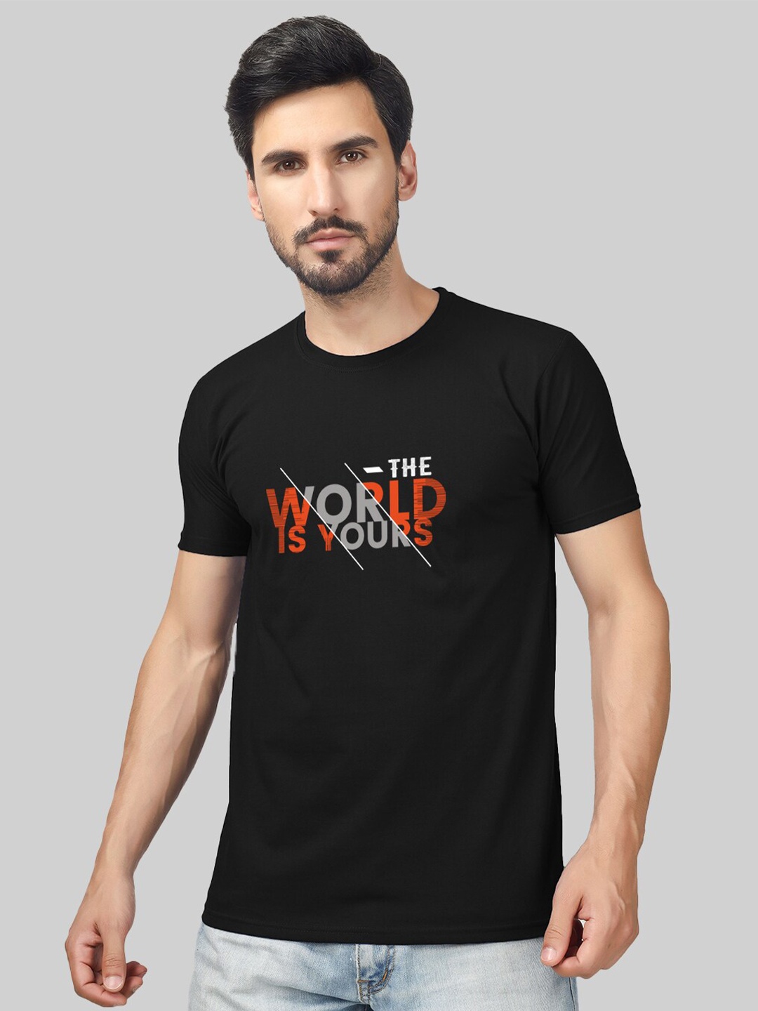 Greylongg Men Typography Printed Round Neck T-shirt, Black