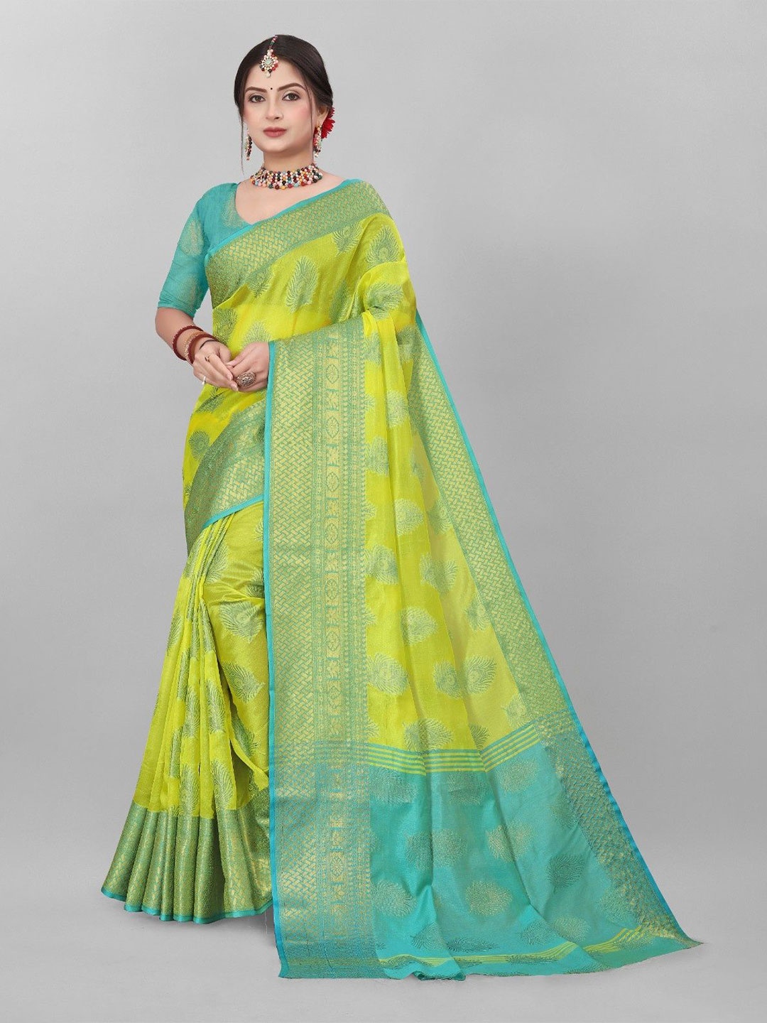 

MAGNEITTA Ethnic Motifs Zari Organza Kanjeevaram Saree, Lime green