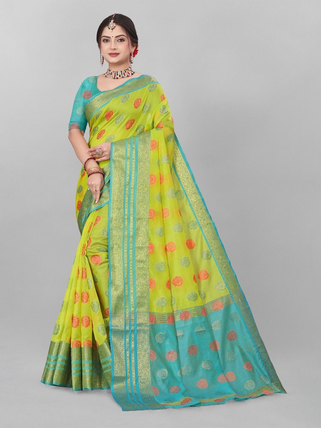 

MAGNEITTA Ethnic Motifs Zari Organza Kanjeevaram Saree, Lime green