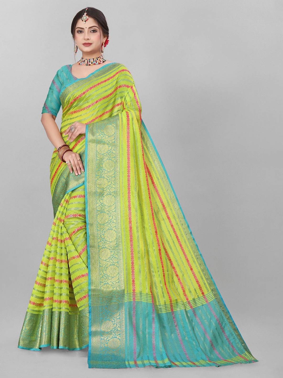 

MAGNEITTA Striped Zari Organza Kanjeevaram Saree, Lime green