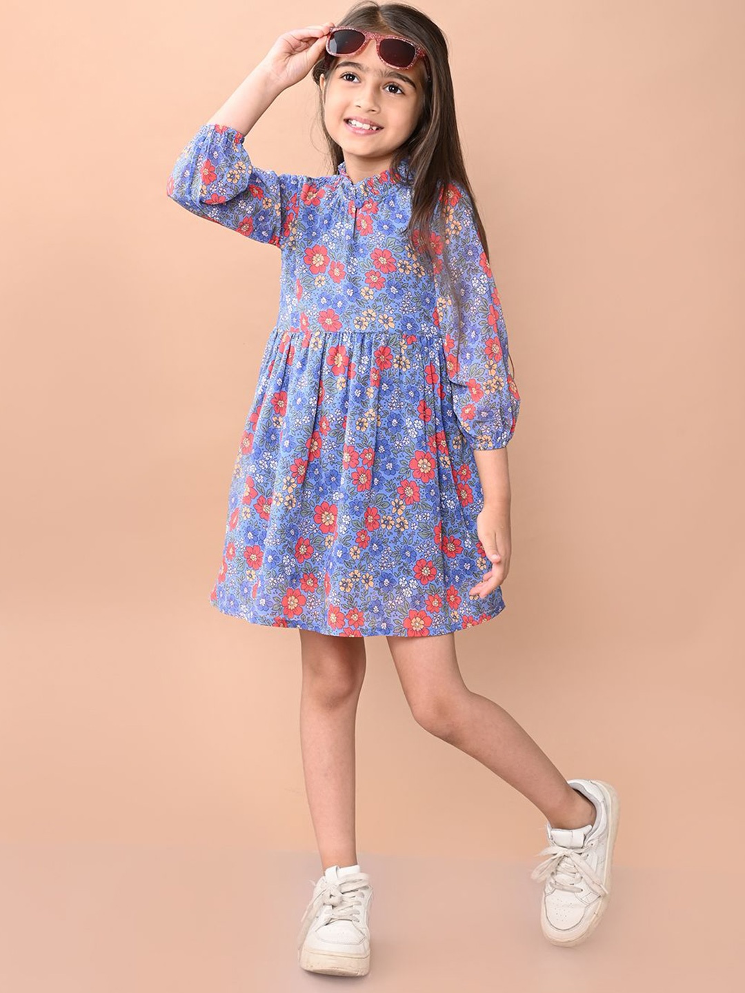 LilPicks Floral Print Puff Sleeve Ruffled neck A-line Floral Dress, Blue