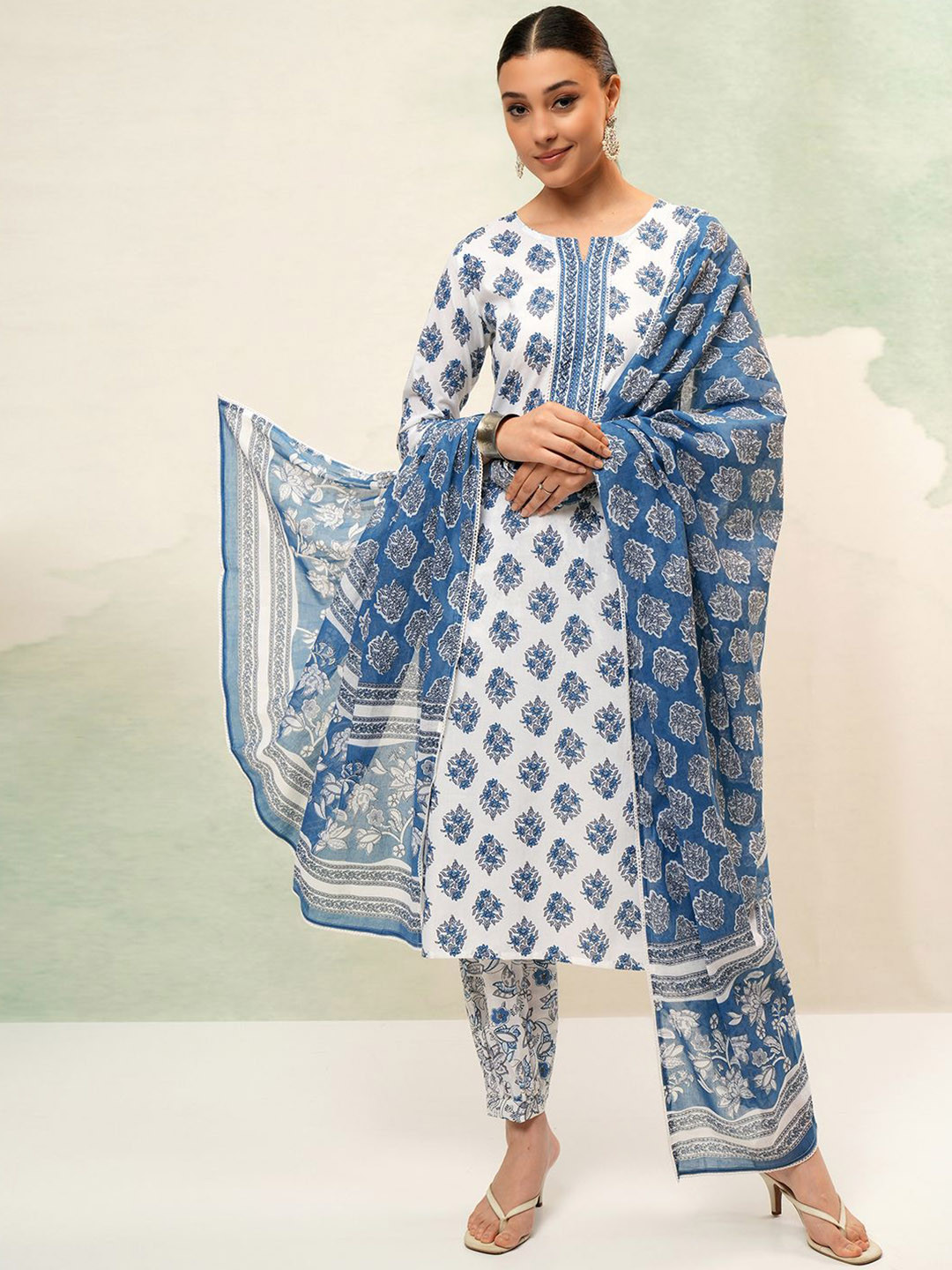 

Vishudh Women Ethnic Motifs Printed Pure Cotton Kurta With Trousers & Dupatta, White