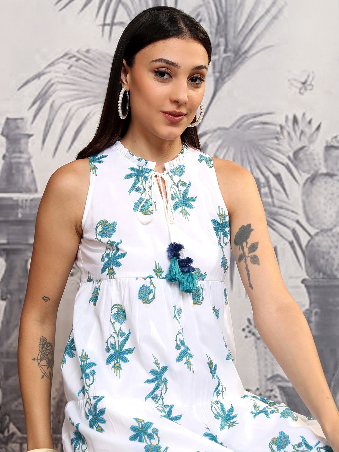 

Vishudh Floral Print A-Line Midi Dress, White