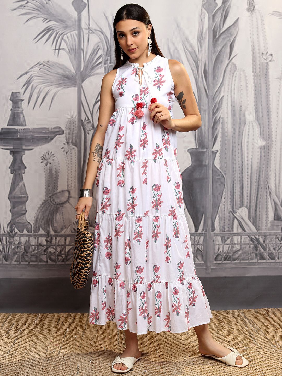 

Vishudh Floral Print Maxi Midi Dress, White