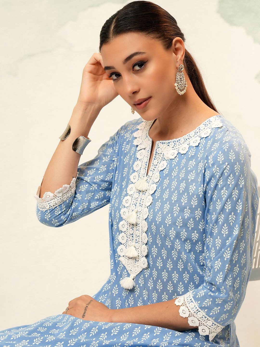 

Vishudh Women Printed With Embroidered Pure Cotton Kurta Set, Blue