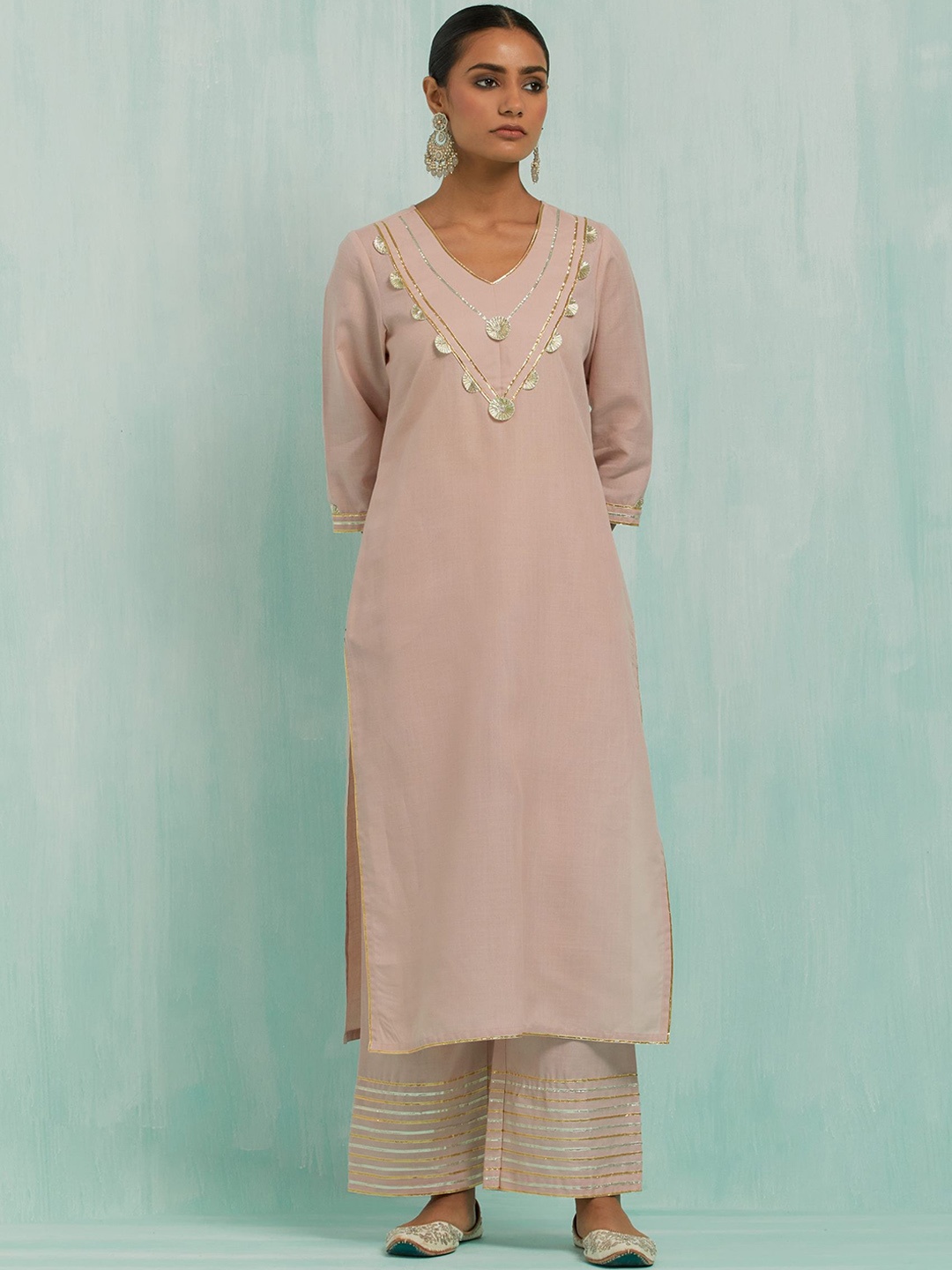 

THE INDIAN CAUSE Women Regular Gotta Patti Pure Cotton Kurta with Palazzos & With Dupatta, Pink