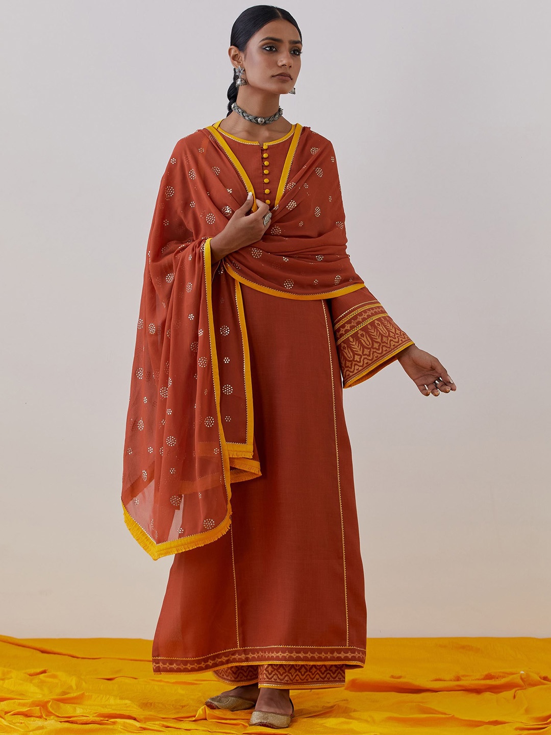 

THE INDIAN CAUSE Women Solid Panelled Pure Cotton Kurta with Palazzos, Rust