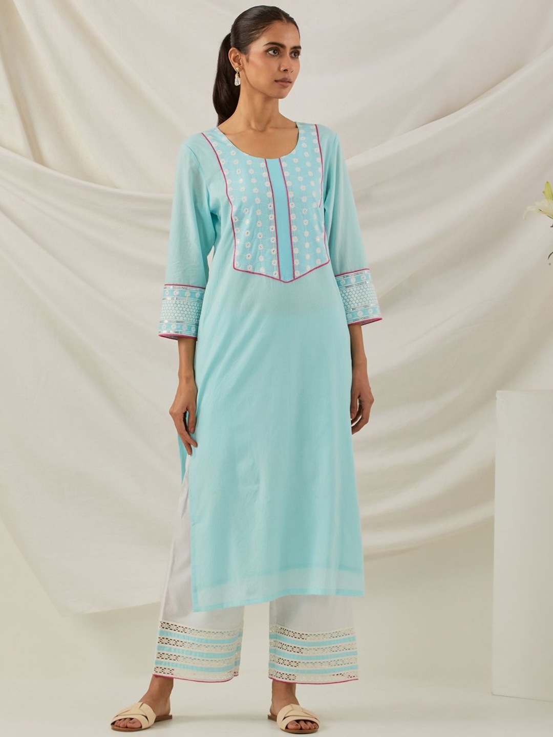 

THE INDIAN CAUSE Women Ethnic Motifs Embroidered Pure Cotton Kurta Set & Dupatta, Blue