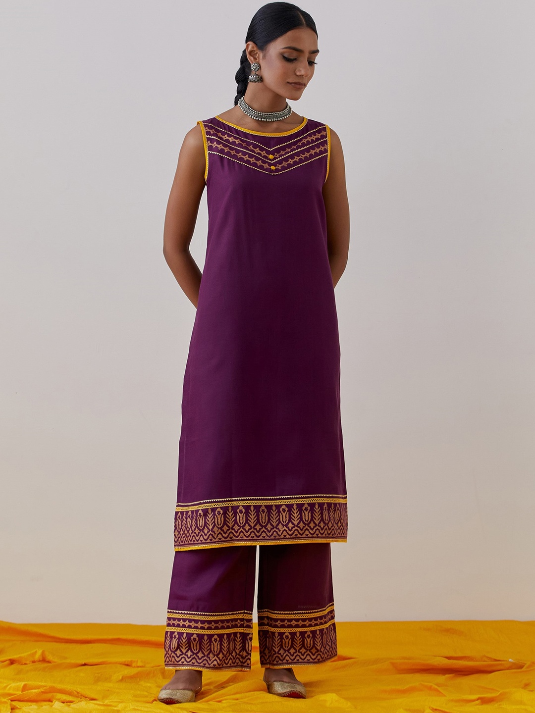 

THE INDIAN CAUSE Women Ethnic Motifs Printed Regular Gotta Patti Pure Cotton Kurta with Palazzos & With, Purple