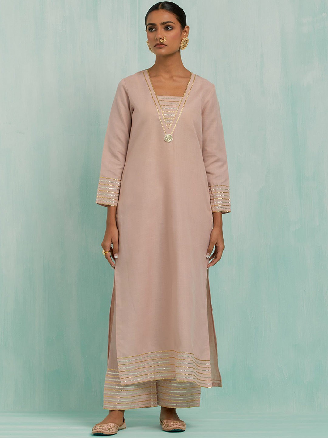 

THE INDIAN CAUSE Women Gotta Patti Pure Cotton Kurta with Palazzos & With Dupatta, Pink
