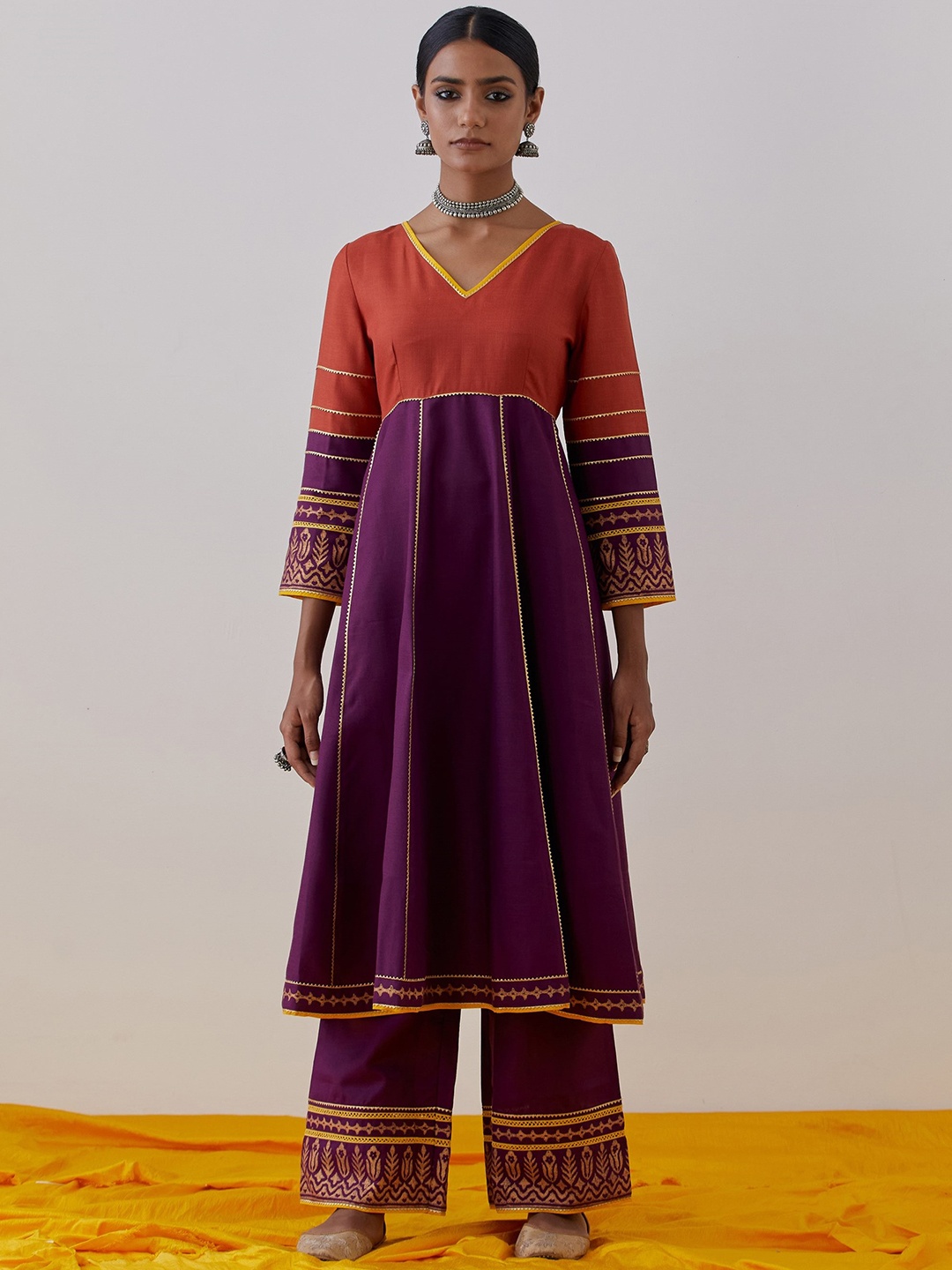 

THE INDIAN CAUSE Women Empire Gotta Patti Pure Cotton Kurta with Palazzos & With Dupatta, Purple