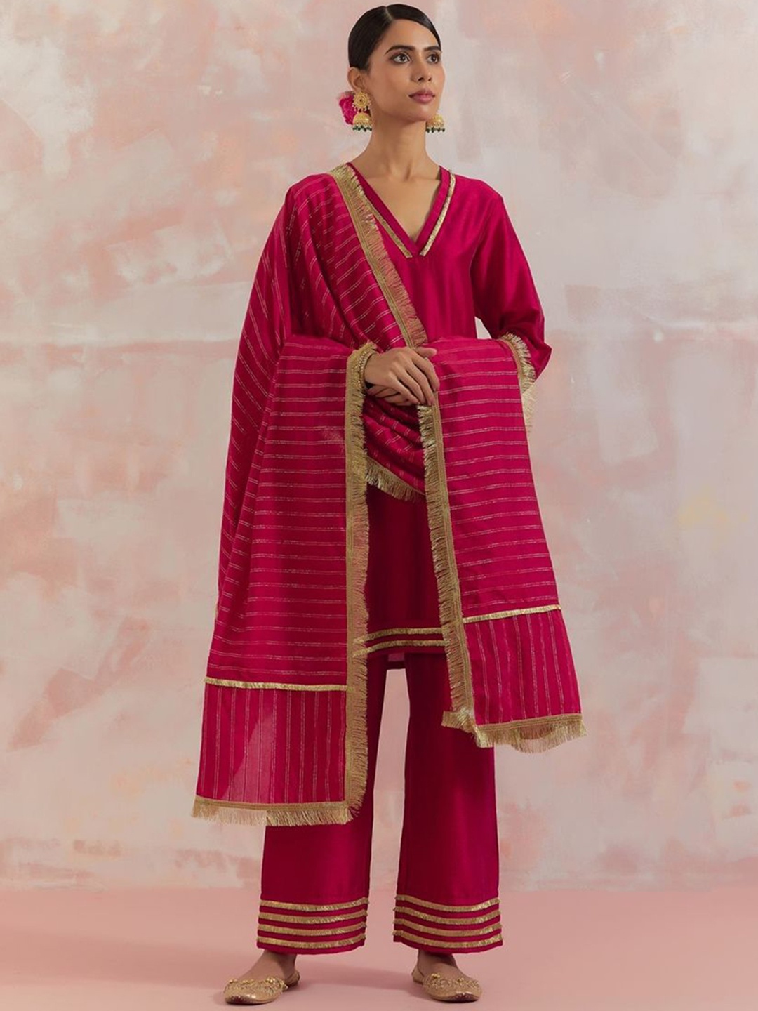 

THE INDIAN CAUSE Women Regular Gotta Patti Kurta with Palazzos & With Dupatta, Red