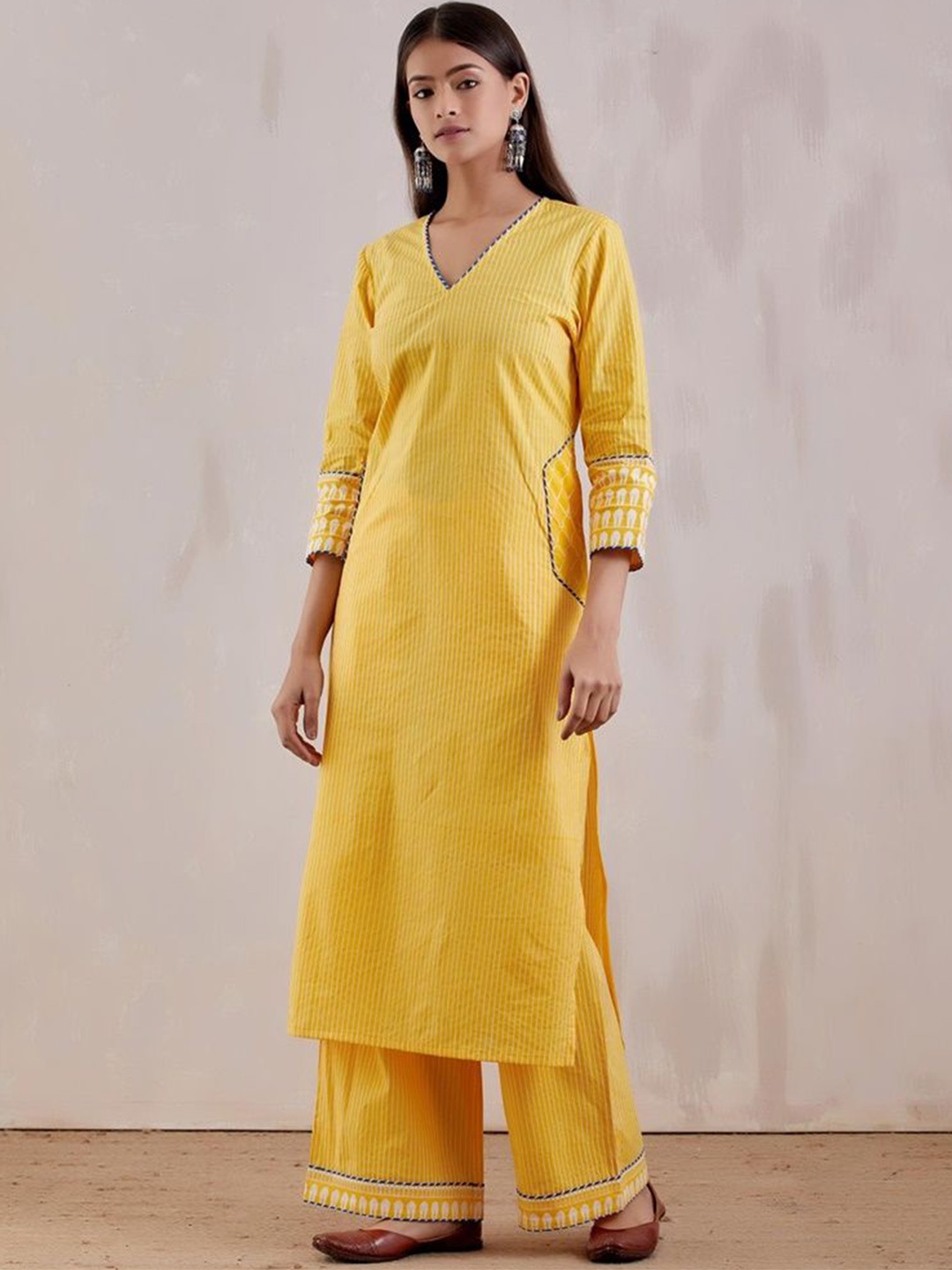 

THE INDIAN CAUSE Women Striped Regular Pure Cotton Kurta with Palazzos, Yellow