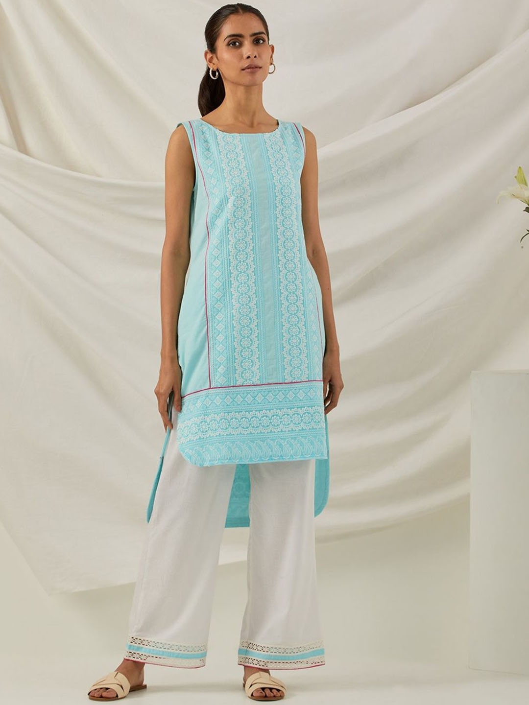 

THE INDIAN CAUSE Women Embroidered Chikankari Pure Cotton Kurta With Palazzos, Blue
