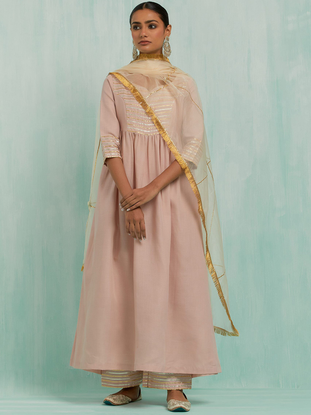 

THE INDIAN CAUSE Women Yoke Design Regular Pure Cotton Kurta with Palazzos & Dupatta, Pink