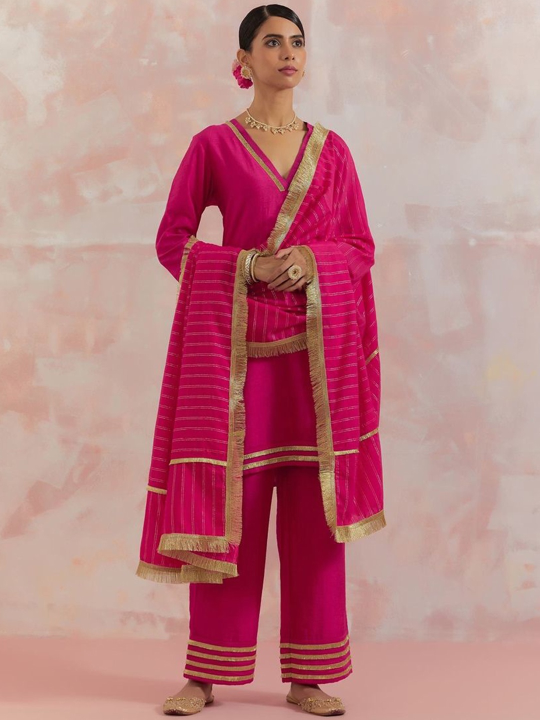 

THE INDIAN CAUSE Women Regular Gotta Patti Kurta With Palazzos & With Dupatta, Pink