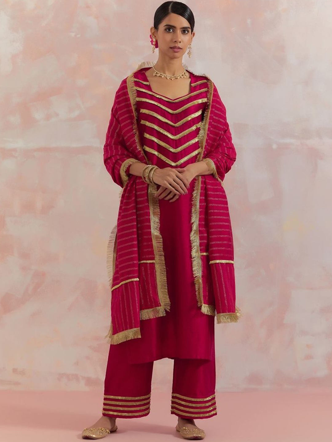 

THE INDIAN CAUSE Women Ethnic Motifs Embroidered Gotta Patti Kurta with Palazzos & Dupatta, Red