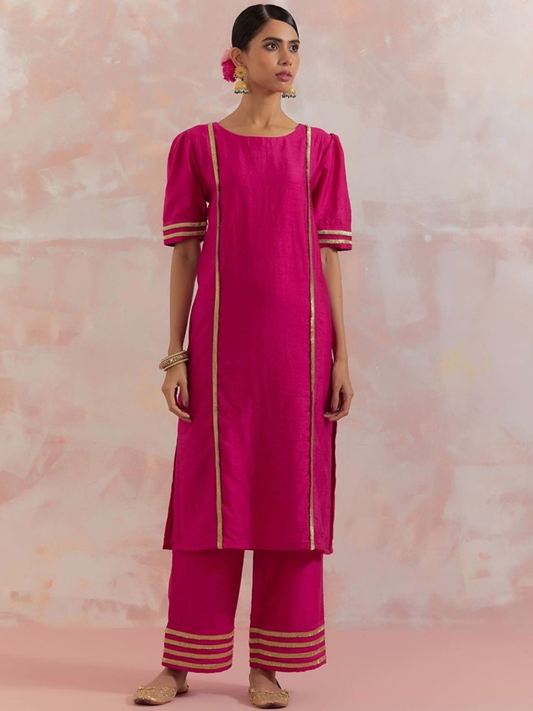 

THE INDIAN CAUSE Women Striped Regular Raw Silk Kurta with Palazzos, Pink